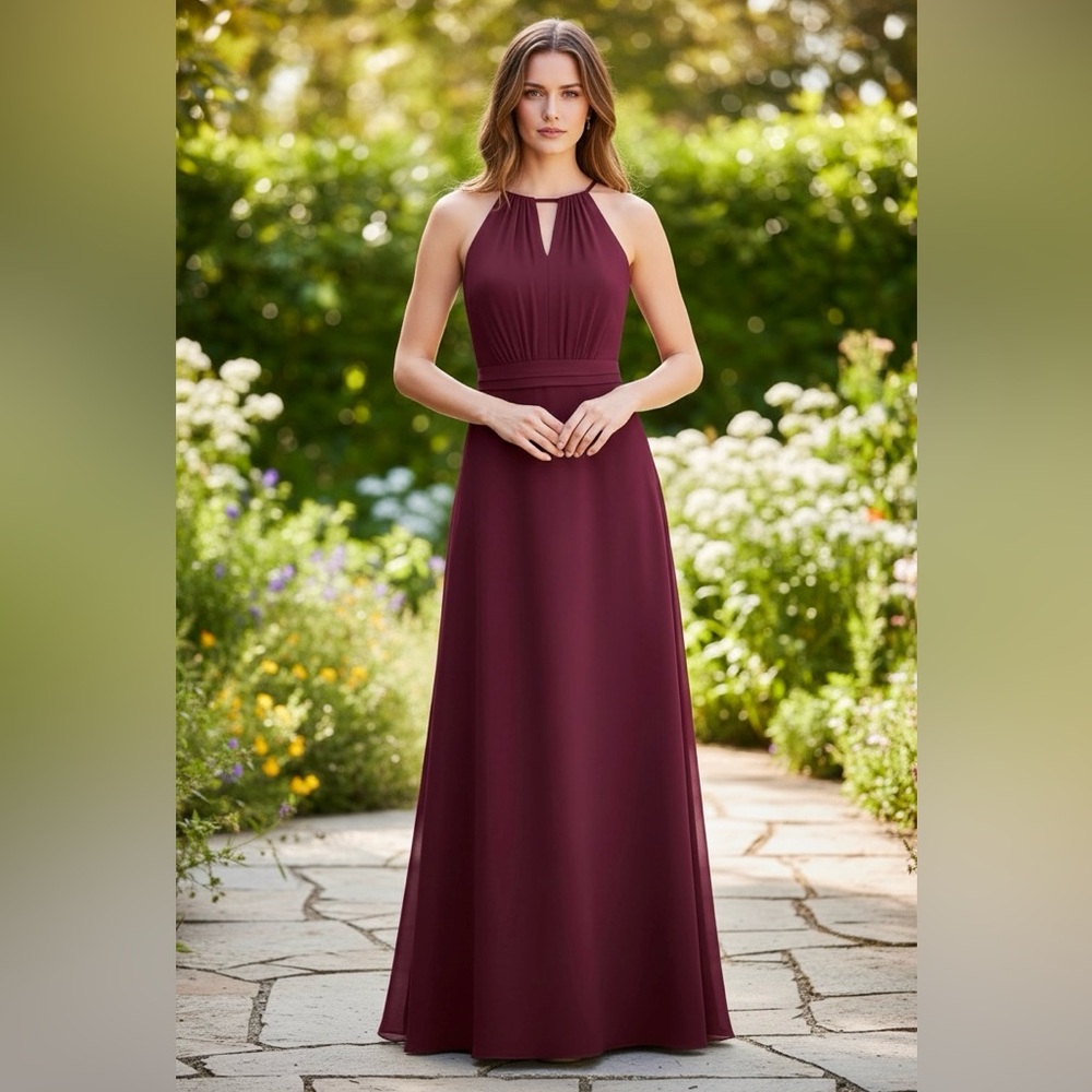 BILL LEVKOFF NWT Flowy Cabernet Halter Top Chiffon Formal Gown Size 0